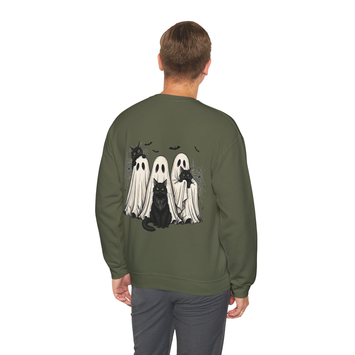 ORVIAN — Halloween Cats & Ghosts Crewneck, Spooky Cute Black Cat Unisex Sweatshirt