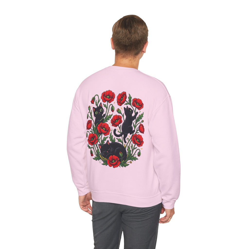ORVIAN — Black Cat & Red Poppies Floral Crewneck, Elegant Nature Unisex Heavy Blend