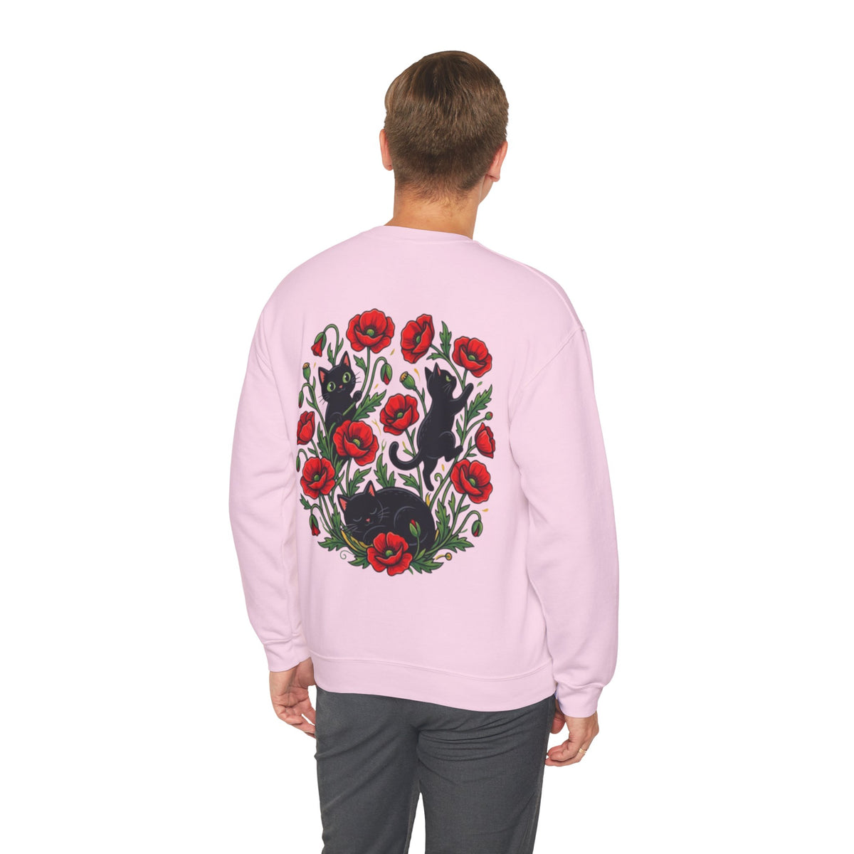 ORVIAN — Black Cat & Red Poppies Floral Crewneck, Elegant Nature Unisex Heavy Blend