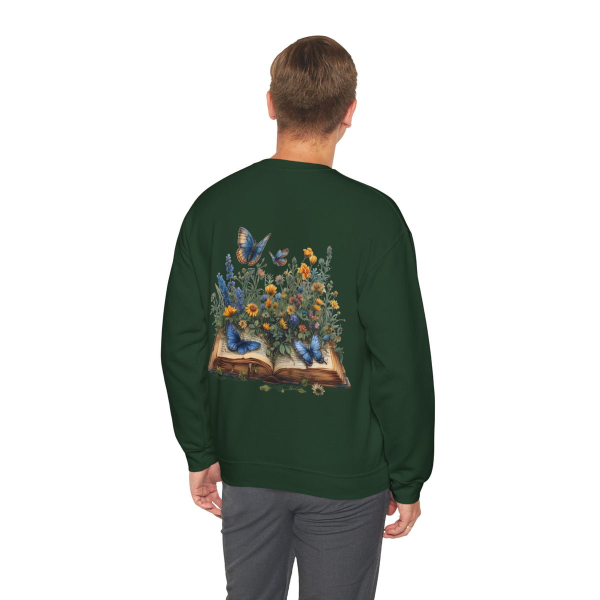 ORVIAN — Watercolor Floral Book & Butterfly Crewneck, Literary Nature Unisex Heavy Blend