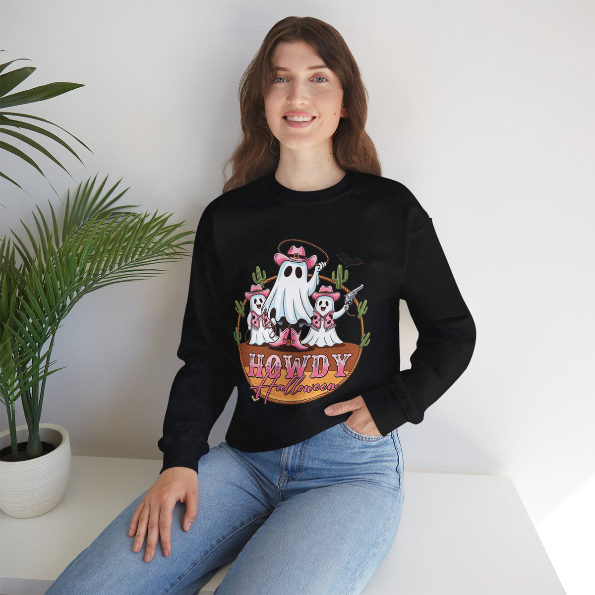 ORVIAN — Howdy Halloween Ghost Cowboy Crewneck, Pink Cowboo Western Unisex Heavy Blend