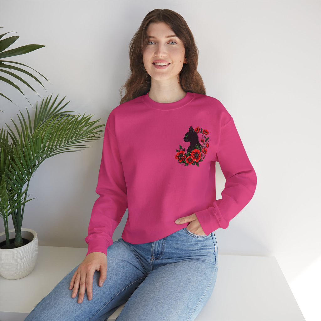 ORVIAN — Black Cat & Red Poppies Floral Crewneck, Elegant Nature Unisex Heavy Blend