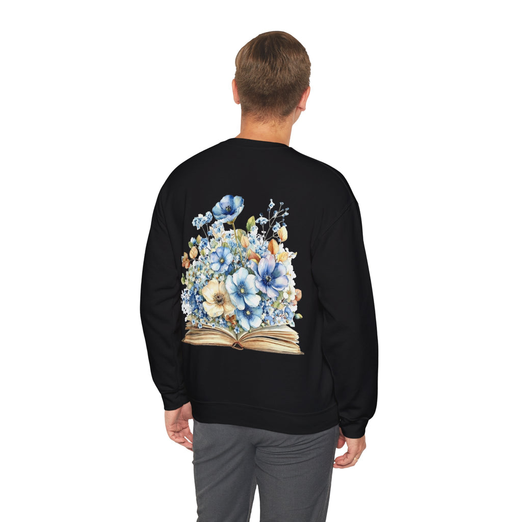 ORVIAN — Blue Watercolor Floral Book Crewneck, Open Book Wildflower Literary Unisex Heavy Blend