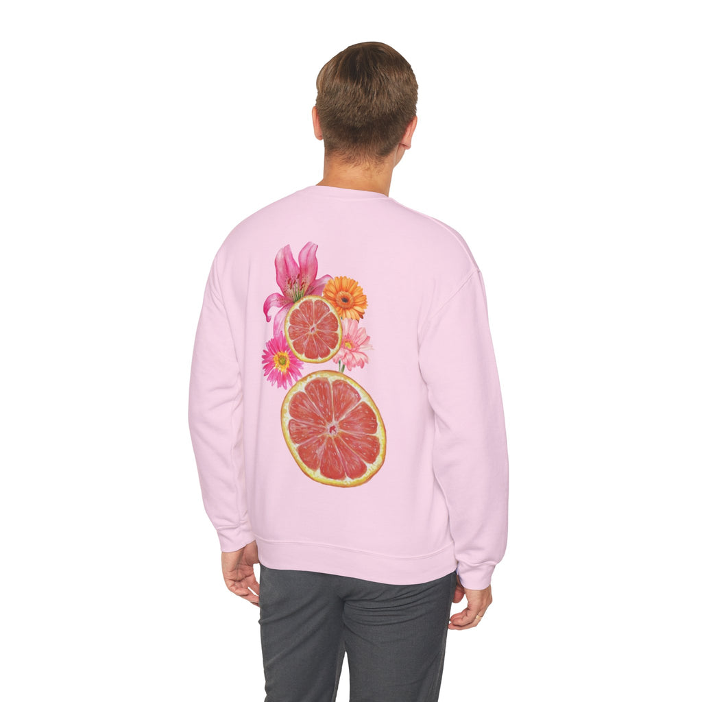 ORVIAN — Tropical Citrus & Pink Floral Crewneck, Grapefruit Orange Watercolor Unisex Heavy Blend