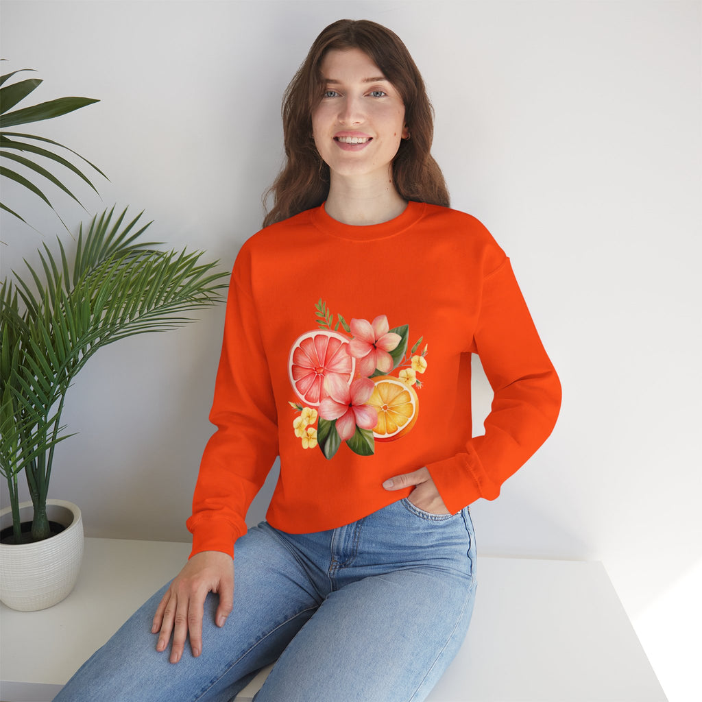 ORVIAN — Tropical Citrus & Pink Floral Crewneck, Grapefruit Orange Watercolor Unisex Heavy Blend