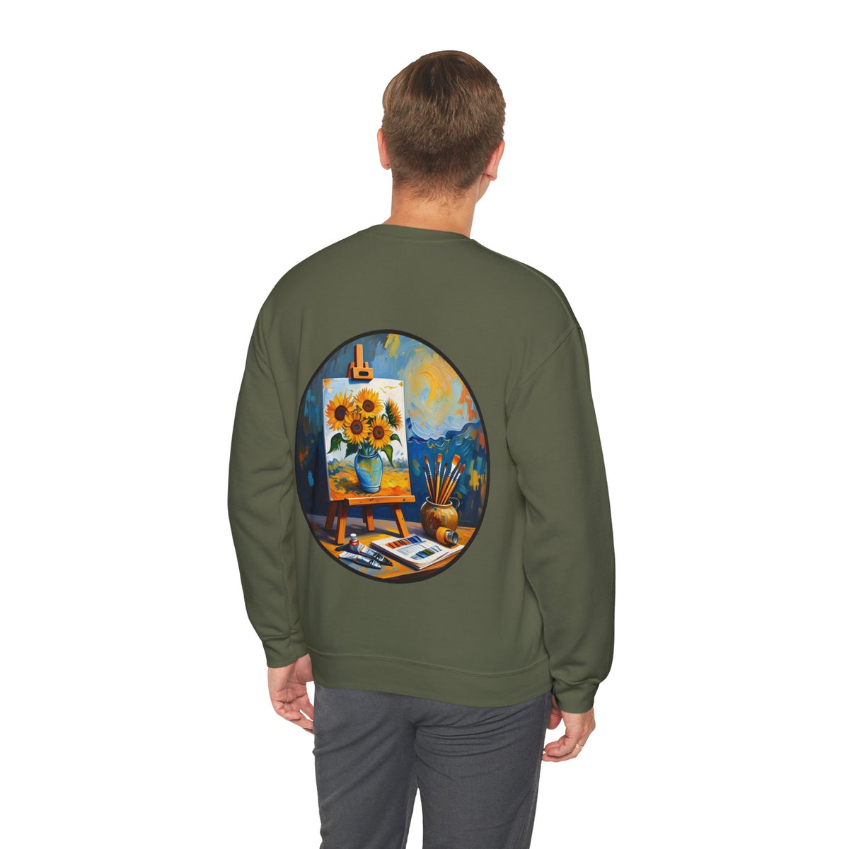 ORVIAN — Van Gogh Starry Night Sunflower & Artist Easel Crewneck, Art-Inspired Sweatshirt