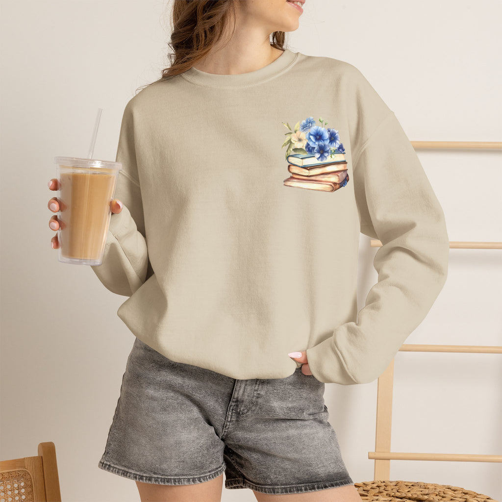 ORVIAN — Blue Watercolor Floral Book Crewneck, Open Book Wildflower Literary Unisex Heavy Blend