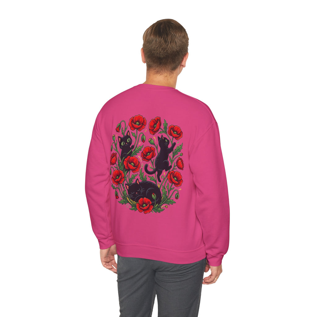 ORVIAN — Black Cat & Red Poppies Floral Crewneck, Elegant Nature Unisex Heavy Blend