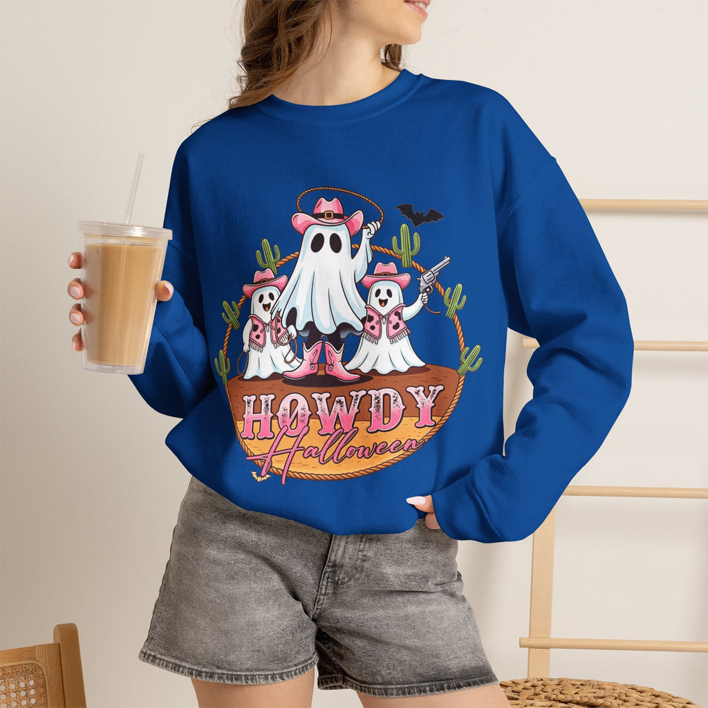 ORVIAN — Howdy Halloween Ghost Cowboy Crewneck, Pink Cowboo Western Unisex Heavy Blend