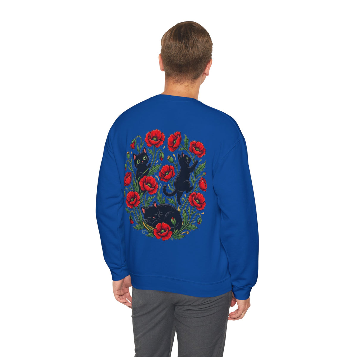 ORVIAN — Black Cat & Red Poppies Floral Crewneck, Elegant Nature Unisex Heavy Blend
