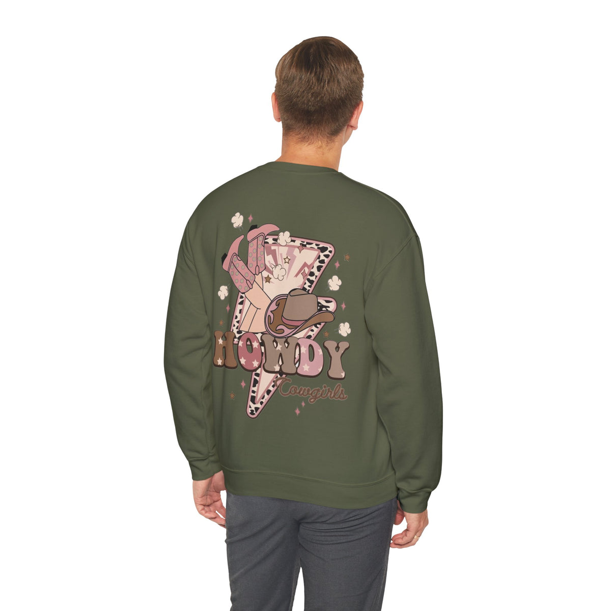 ORVIAN — Howdy Cowgirls Western Crewneck, Leopard Lightning Bolt & Cowgirl Boots Unisex Heavy Blend