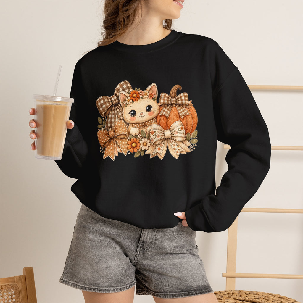 ORVIAN — Fall Kitten & Coquette Ghost Crewneck, Gingham Pumpkin Autumn Unisex Heavy Blend