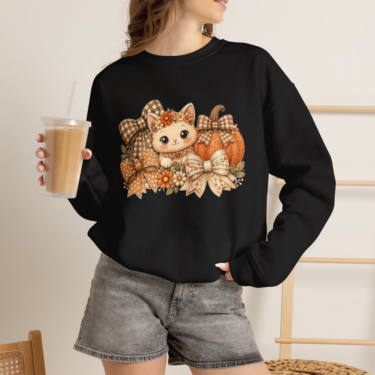 ORVIAN — Fall Kitten & Coquette Ghost Crewneck, Gingham Pumpkin Autumn Unisex Heavy Blend