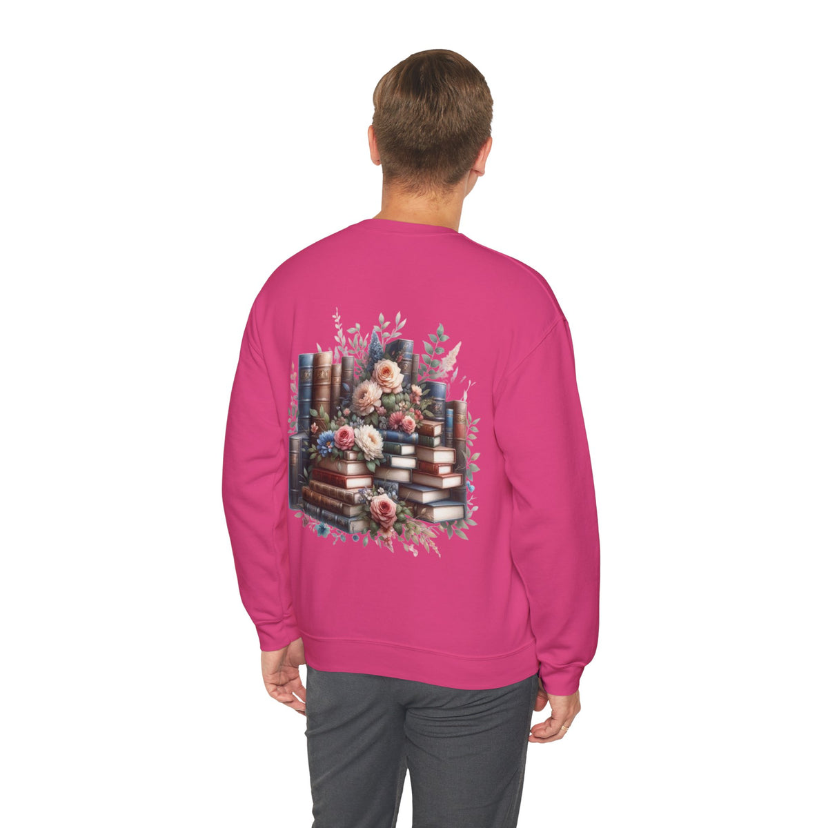 ORVIAN — Blue Watercolor Floral Book Crewneck, Open Book Wildflower Literary Unisex Heavy Blend