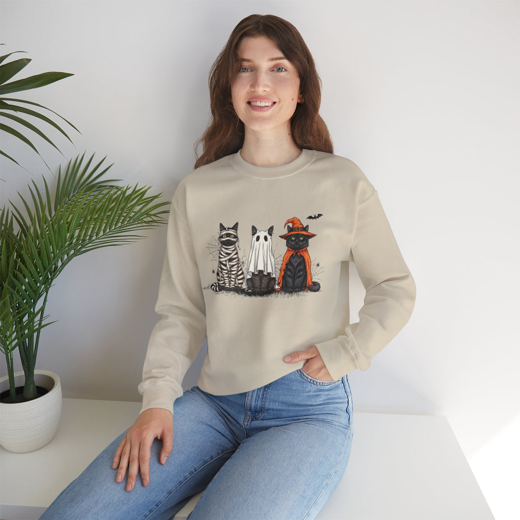 ORVIAN — Halloween Cats & Ghosts Crewneck, Spooky Cute Black Cat Unisex Sweatshirt