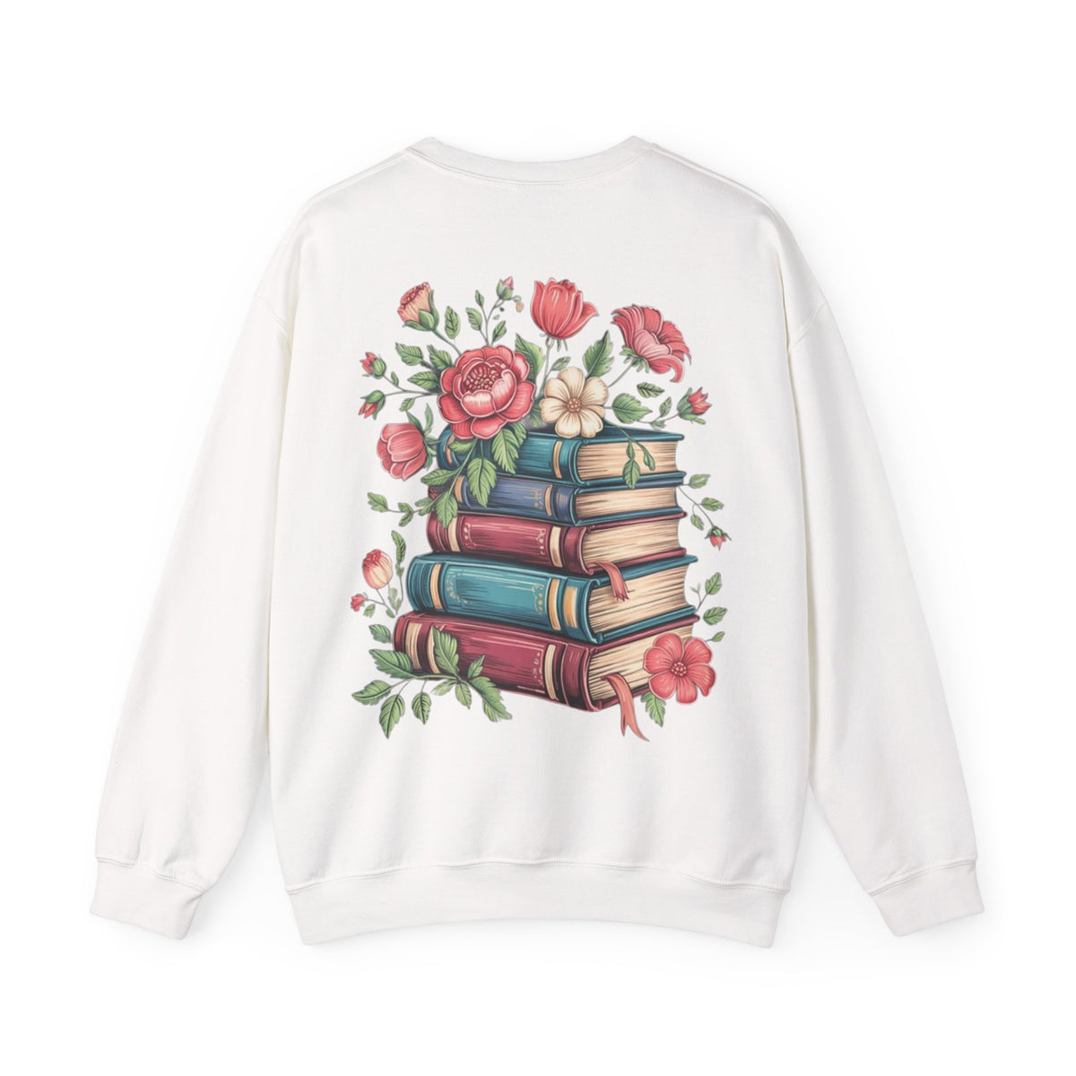 ORVIAN — Book Lover Floral Crewneck, Colorful Typography & Rose Book Stack Unisex Heavy Blend