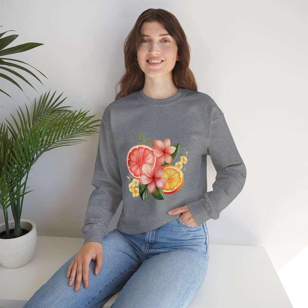 ORVIAN — Tropical Citrus & Pink Floral Crewneck, Grapefruit Orange Watercolor Unisex Heavy Blend