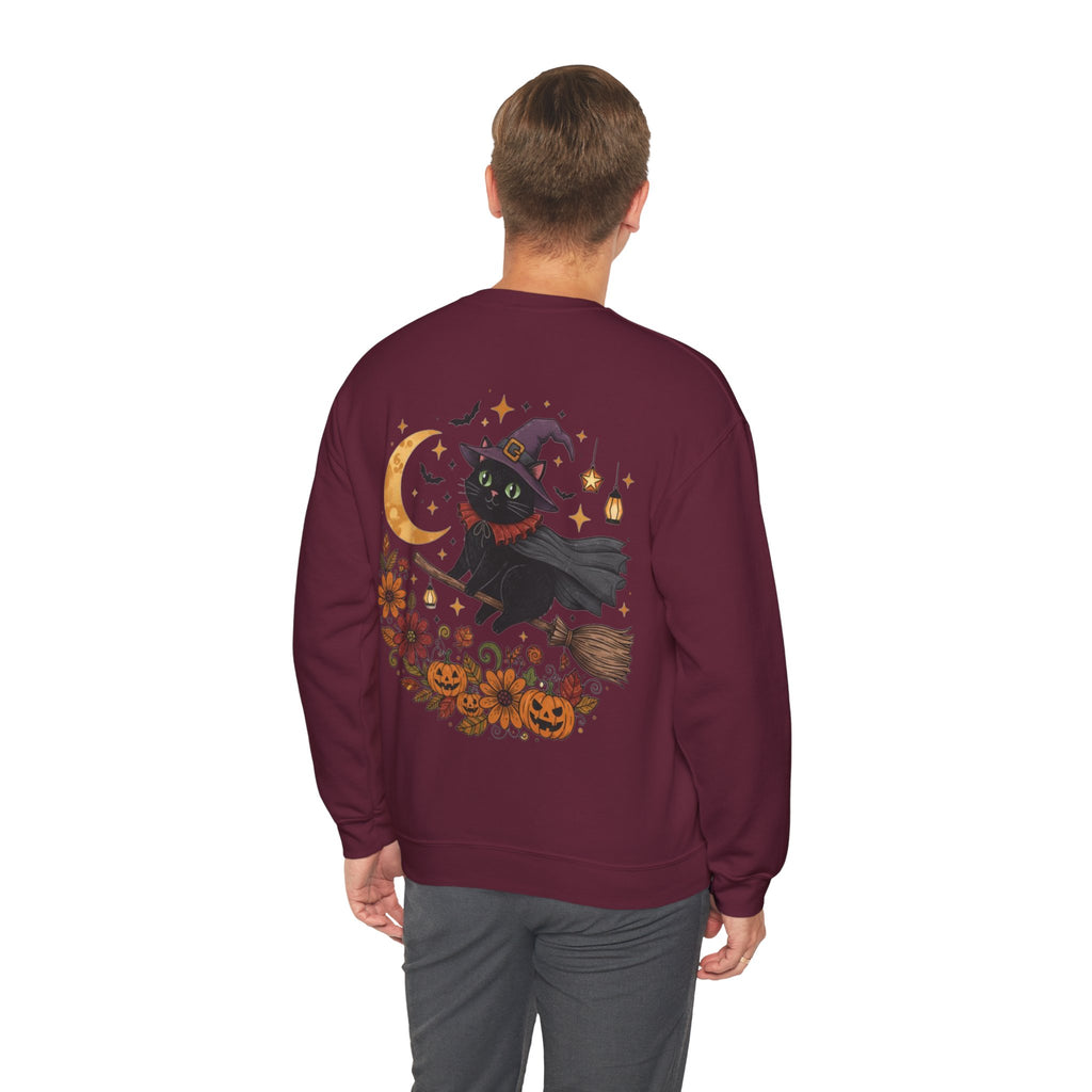 ORVIAN — Witch Cat Halloween Crewneck, Flying Black Cat & Pumpkin Patch Unisex Sweatshirt