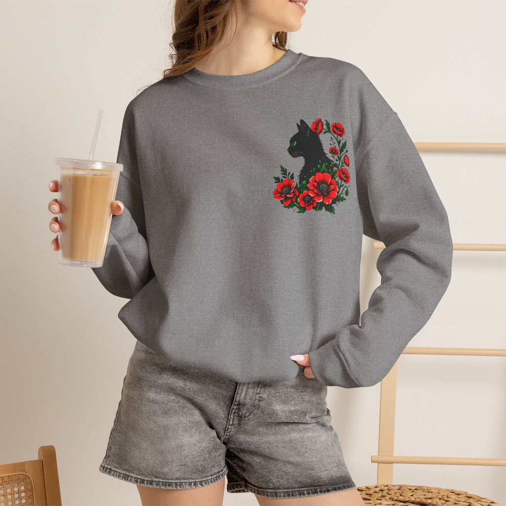 ORVIAN — Black Cat & Red Poppies Floral Crewneck, Elegant Nature Unisex Heavy Blend