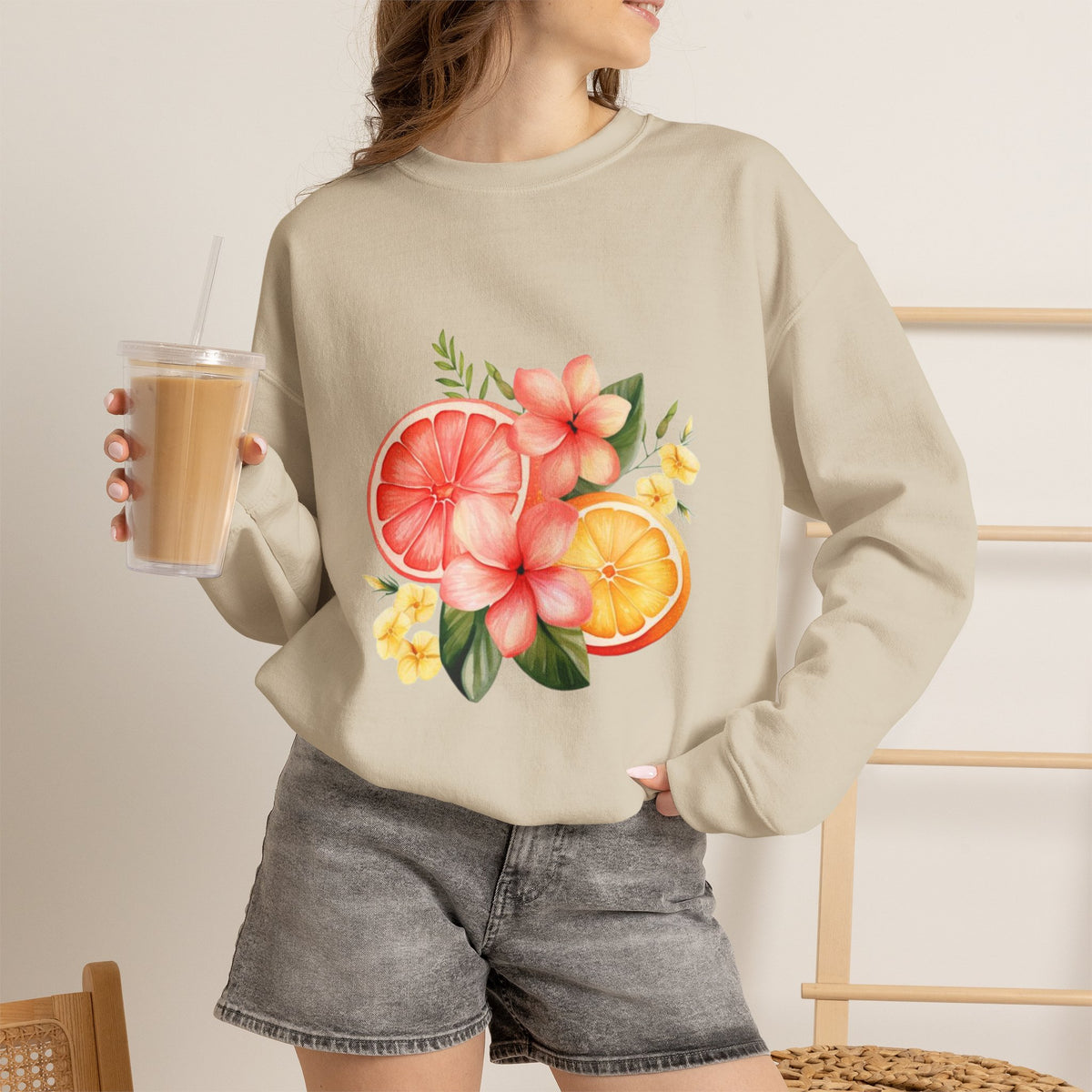 ORVIAN — Tropical Citrus & Pink Floral Crewneck, Grapefruit Orange Watercolor Unisex Heavy Blend