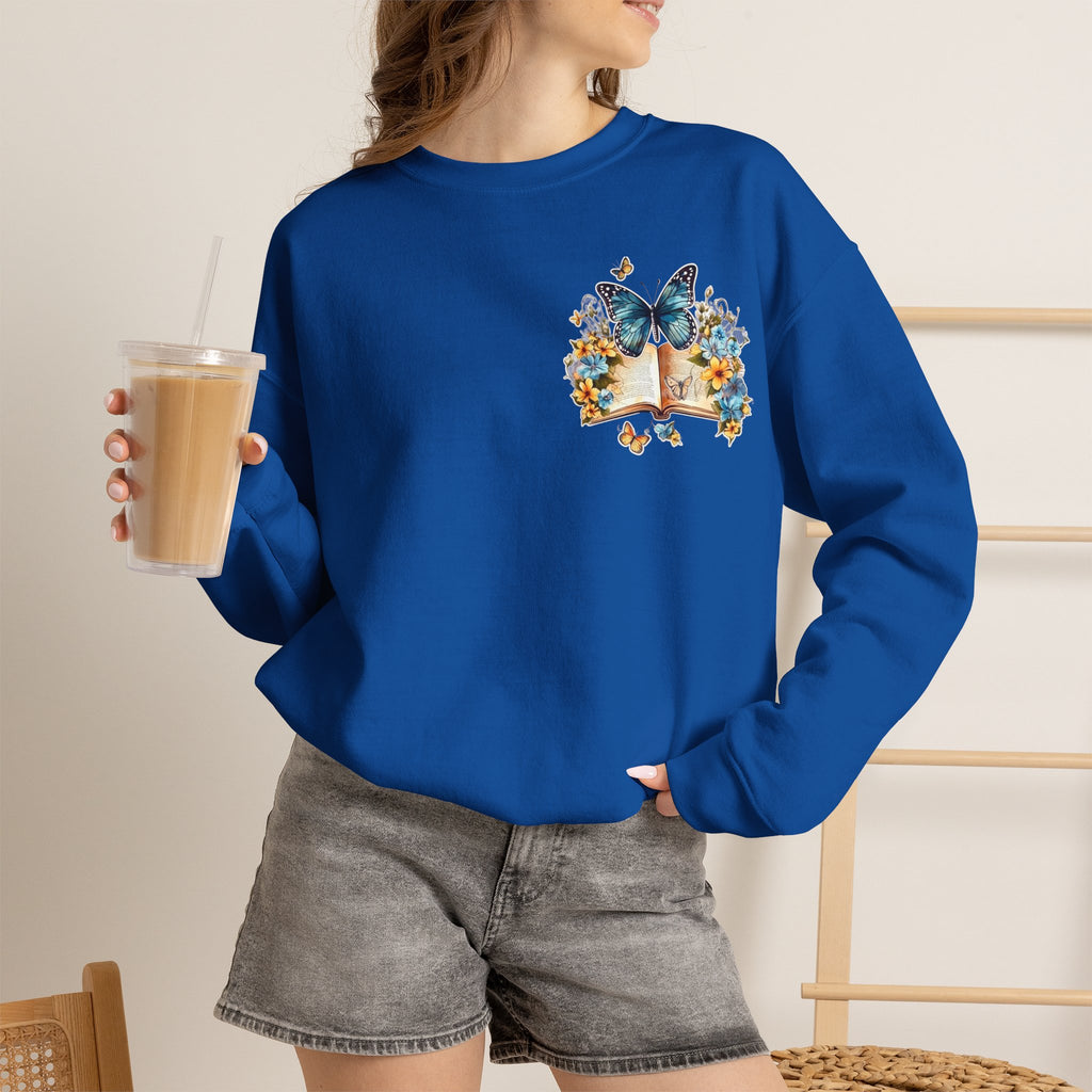 ORVIAN — Watercolor Floral Book & Butterfly Crewneck, Literary Nature Unisex Heavy Blend