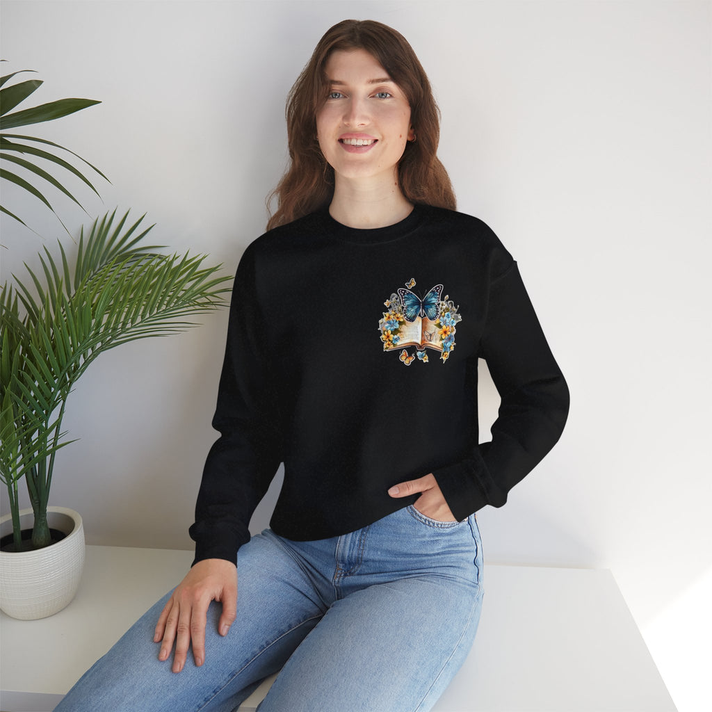 ORVIAN — Watercolor Floral Book & Butterfly Crewneck, Literary Nature Unisex Heavy Blend