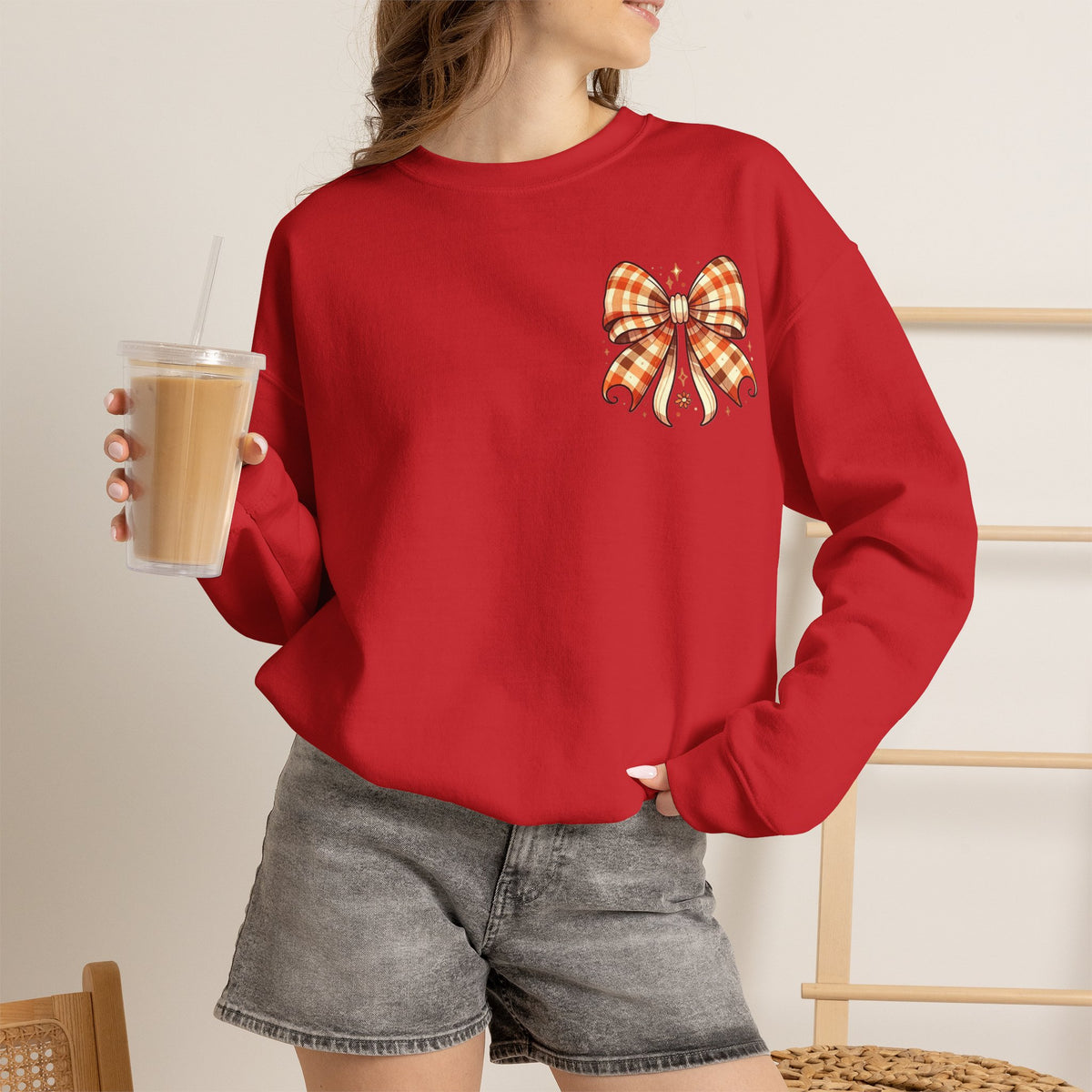 ORVIAN — Ghostly Coffee Break Coquette Bow Crewneck, Cozy Pumpkin Spice Halloween Unisex