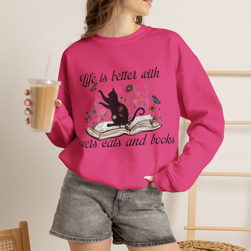 ORVIAN — Life Is Better With Flowers, Cats & Books Crewneck, Black Cat Book Stack Unisex