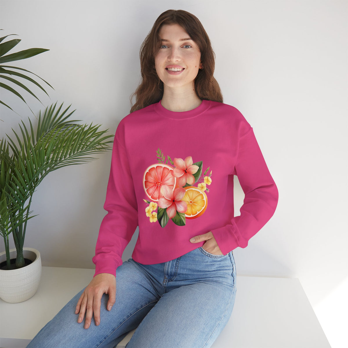ORVIAN — Tropical Citrus & Pink Floral Crewneck, Grapefruit Orange Watercolor Unisex Heavy Blend