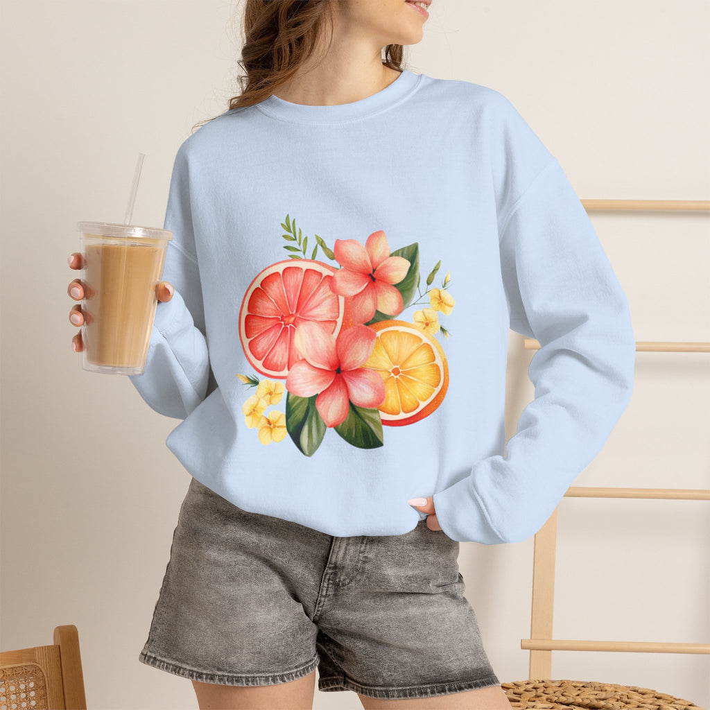 ORVIAN — Tropical Citrus & Pink Floral Crewneck, Grapefruit Orange Watercolor Unisex Heavy Blend