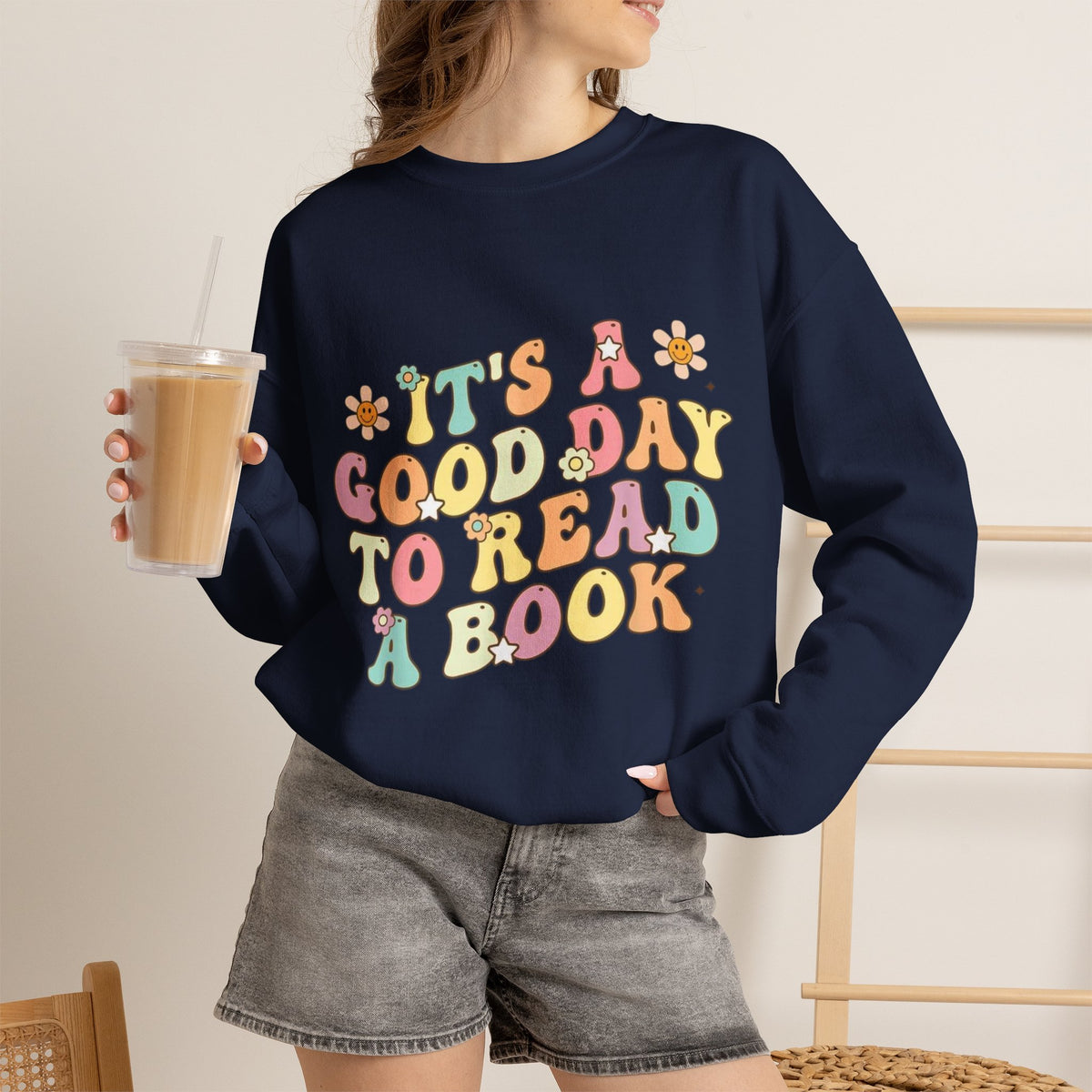 ORVIAN — Good Day to Read a Book Crewneck, Retro Floral Book Lover Sweatshirt Unisex Heavy Blend
