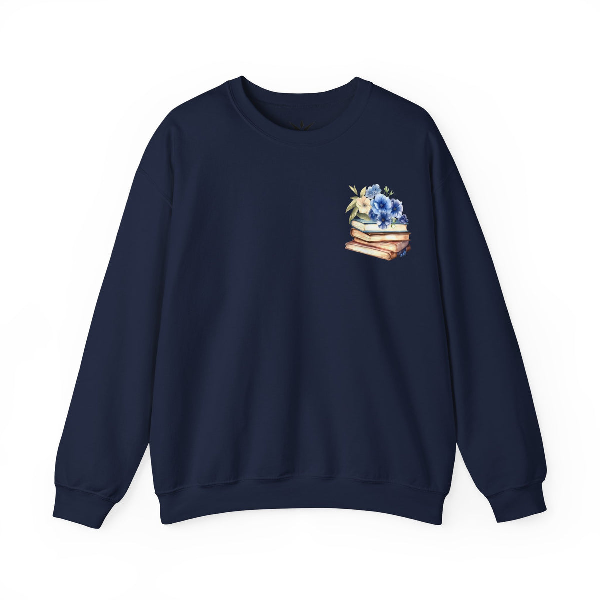 ORVIAN — Blue Watercolor Floral Book Crewneck, Open Book Wildflower Literary Unisex Heavy Blend