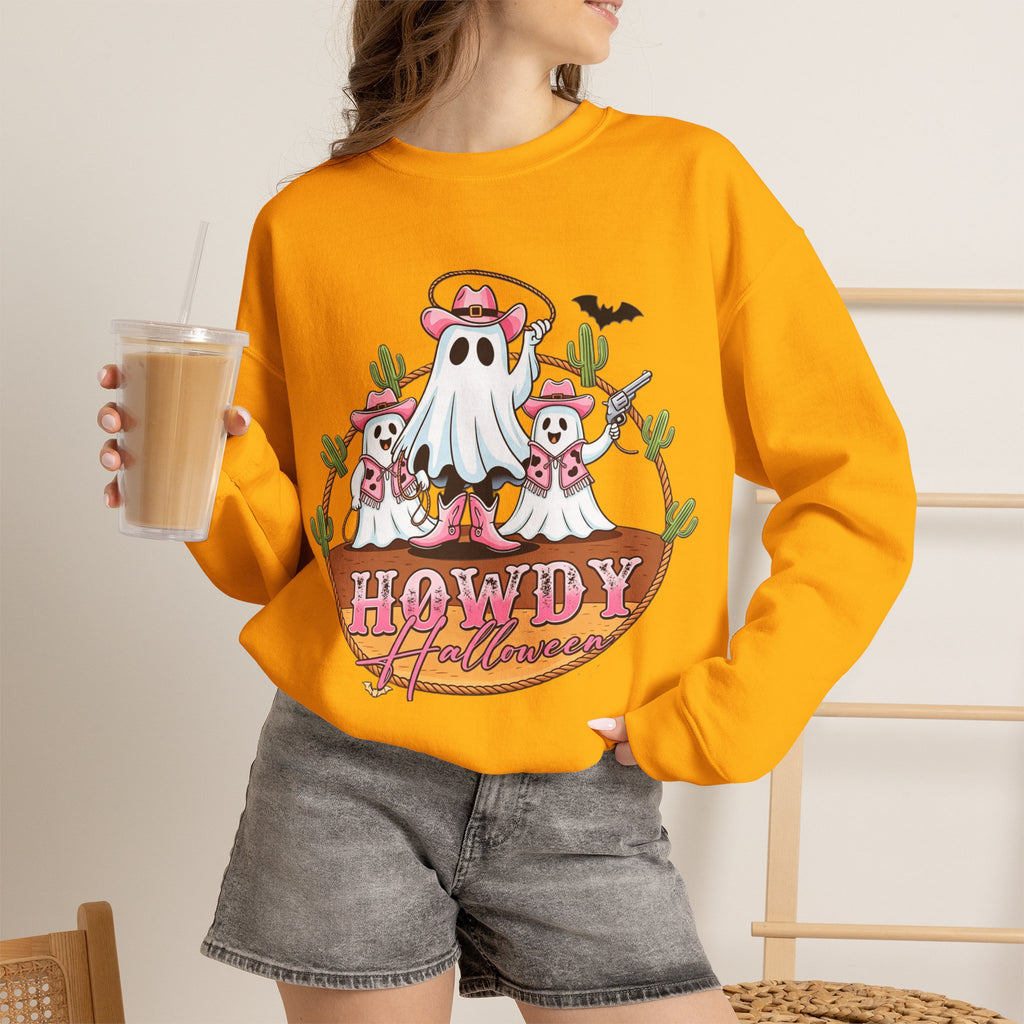 ORVIAN — Howdy Halloween Ghost Cowboy Crewneck, Pink Cowboo Western Unisex Heavy Blend