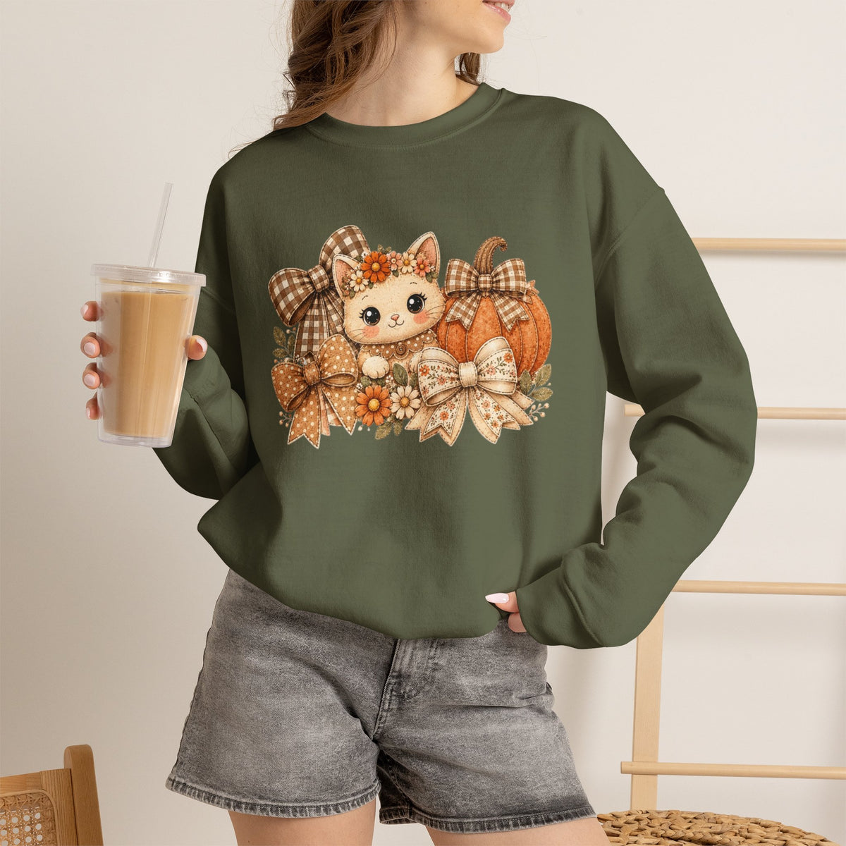 ORVIAN — Fall Kitten & Coquette Ghost Crewneck, Gingham Pumpkin Autumn Unisex Heavy Blend