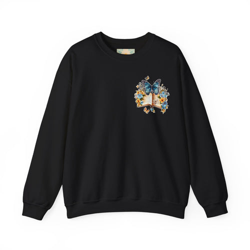 ORVIAN — Watercolor Floral Book & Butterfly Crewneck, Literary Nature Unisex Heavy Blend