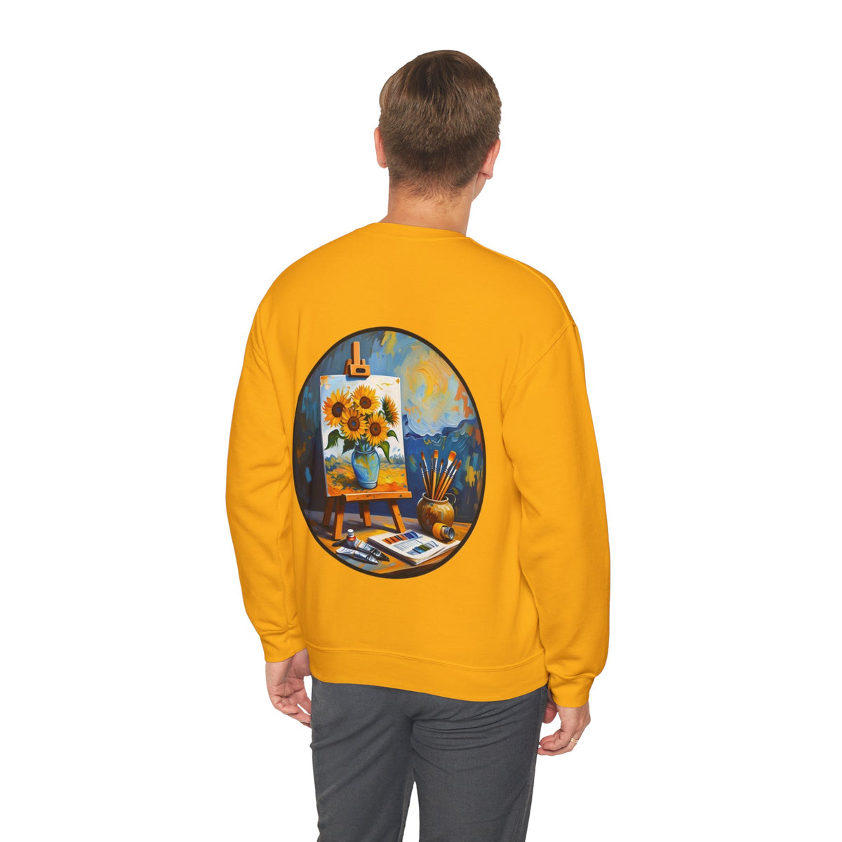 ORVIAN — Van Gogh Starry Night Sunflower & Artist Easel Crewneck, Art-Inspired Sweatshirt