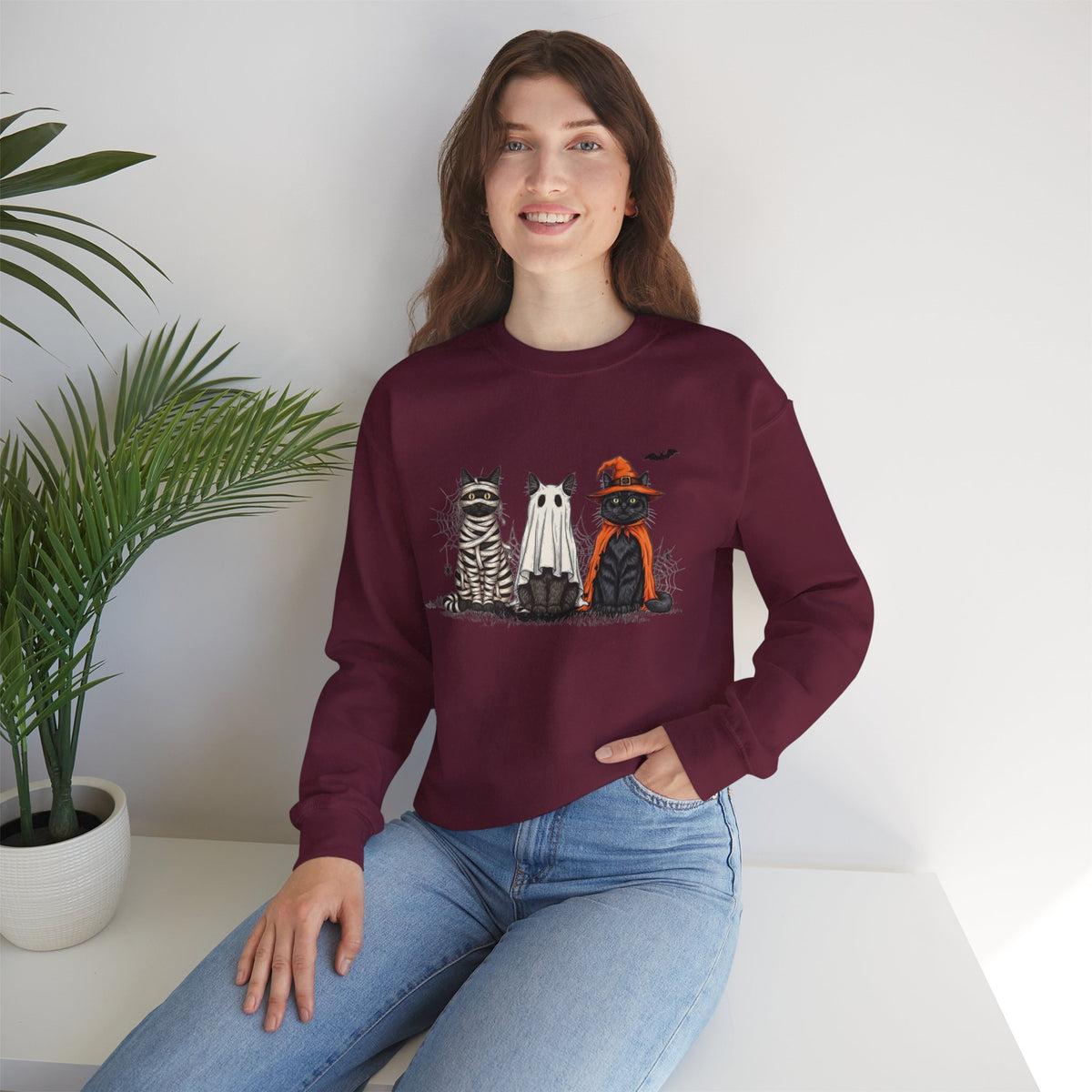ORVIAN — Halloween Cats & Ghosts Crewneck, Spooky Cute Black Cat Unisex Sweatshirt