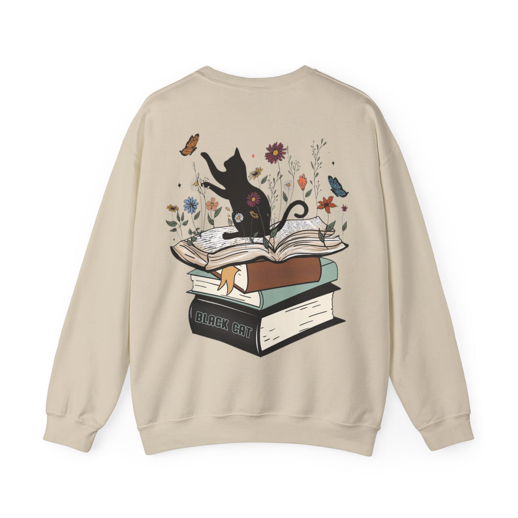 ORVIAN — Life Is Better With Flowers, Cats & Books Crewneck, Black Cat Book Stack Unisex