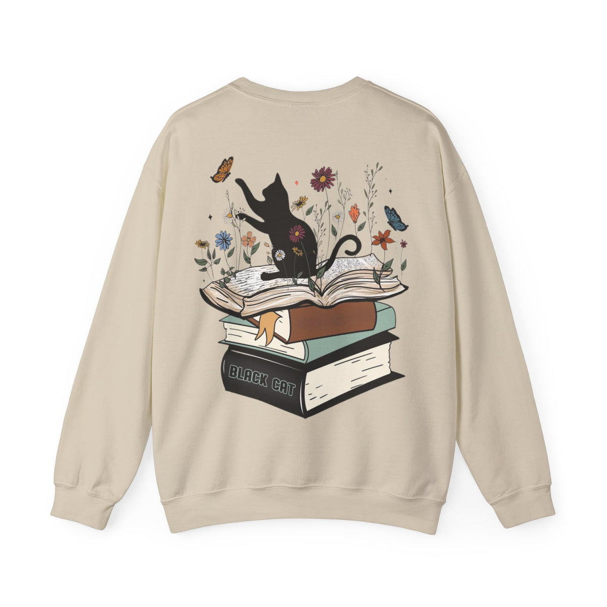 ORVIAN — Life Is Better With Flowers, Cats & Books Crewneck, Black Cat Book Stack Unisex