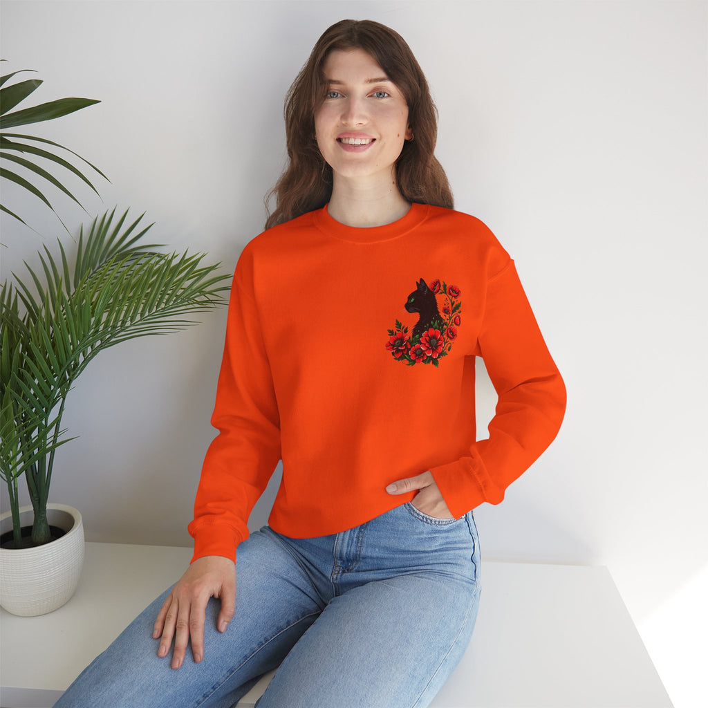 ORVIAN — Black Cat & Red Poppies Floral Crewneck, Elegant Nature Unisex Heavy Blend