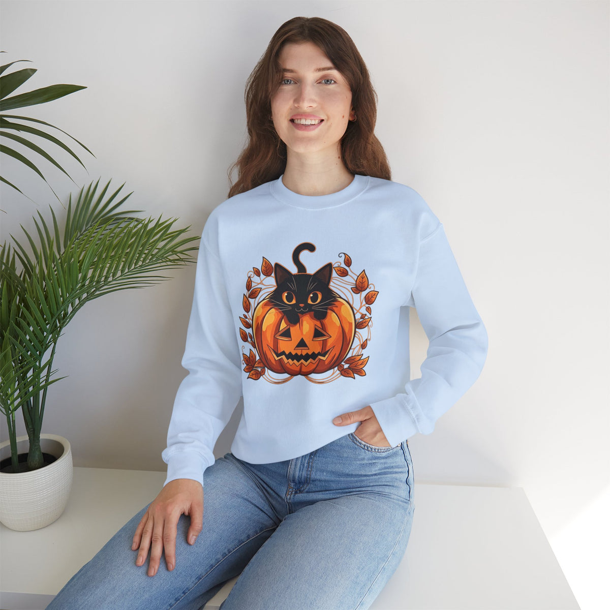 ORVIAN — Black Cat & Pumpkin Halloween Crewneck, Ghost & Coquette Bow Unisex Heavy Blend