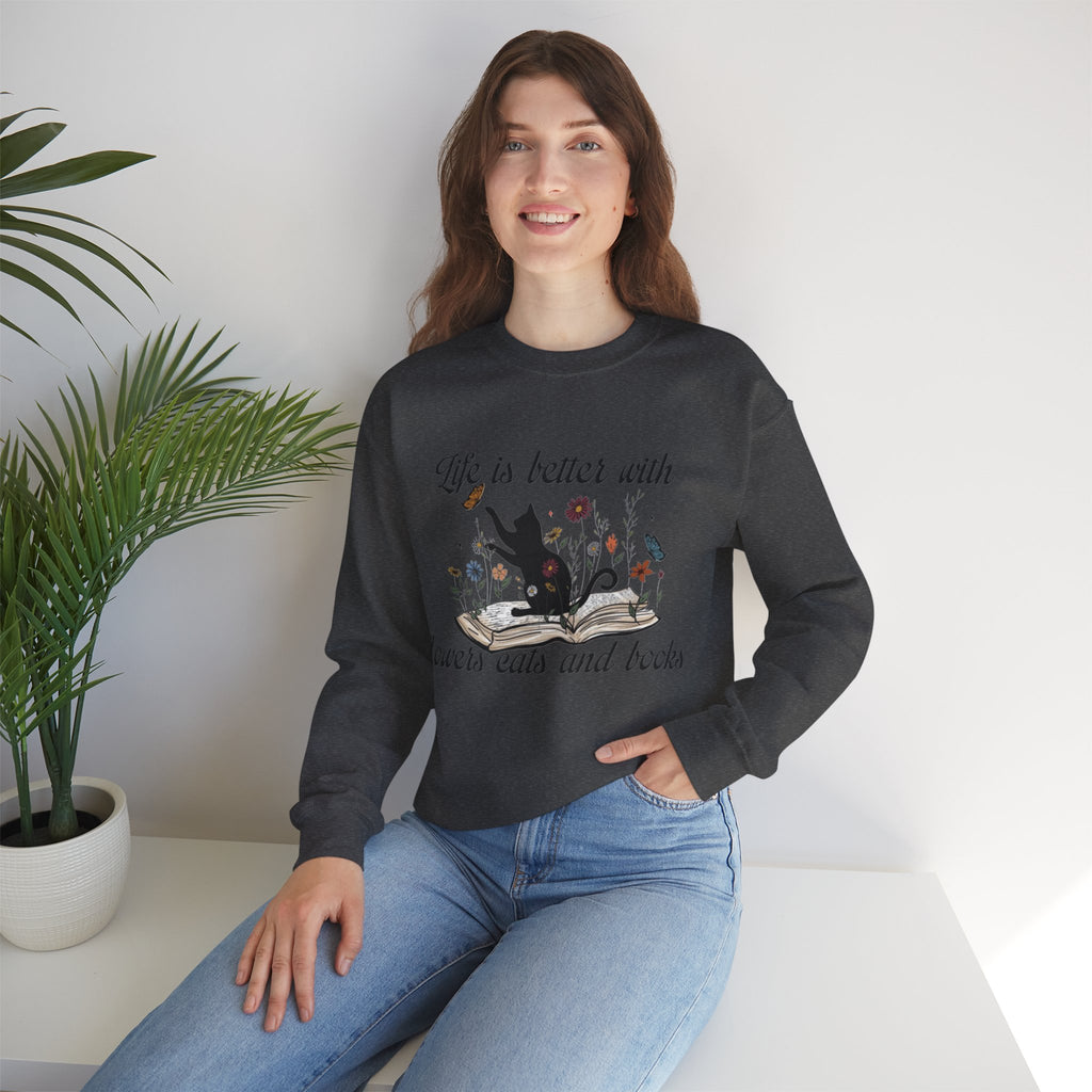 ORVIAN — Life Is Better With Flowers, Cats & Books Crewneck, Black Cat Book Stack Unisex