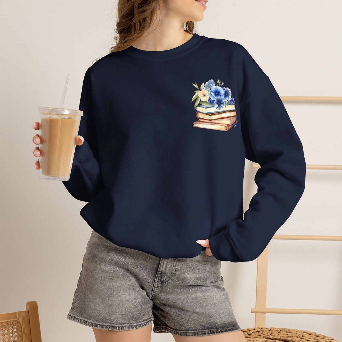 ORVIAN — Blue Watercolor Floral Book Crewneck, Open Book Wildflower Literary Unisex Heavy Blend