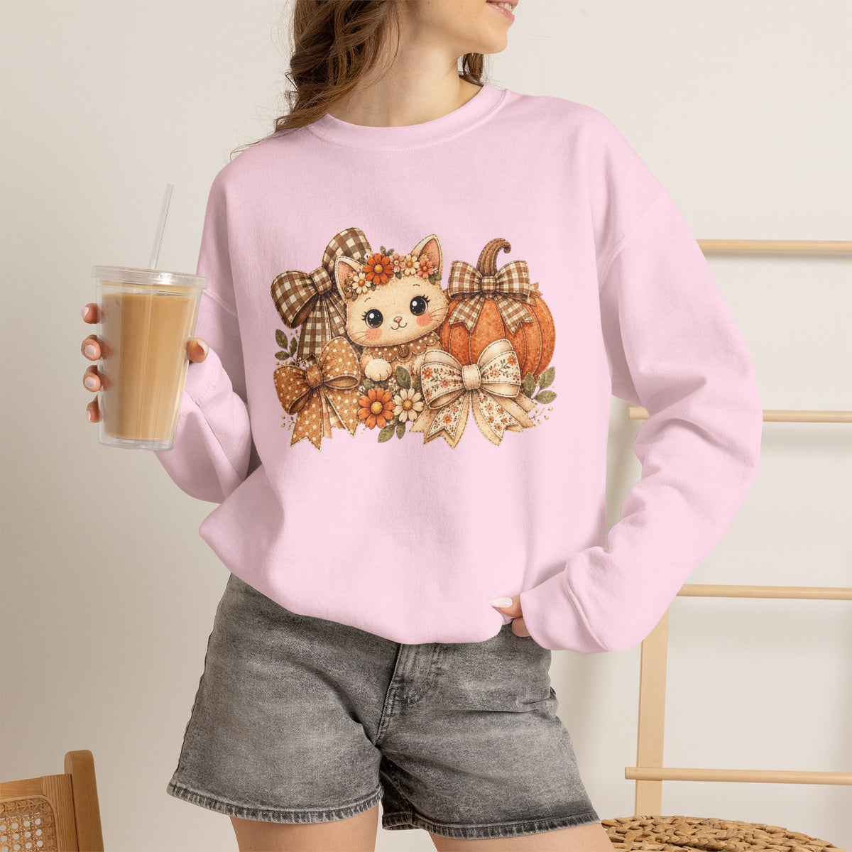ORVIAN — Fall Kitten & Coquette Ghost Crewneck, Gingham Pumpkin Autumn Unisex Heavy Blend