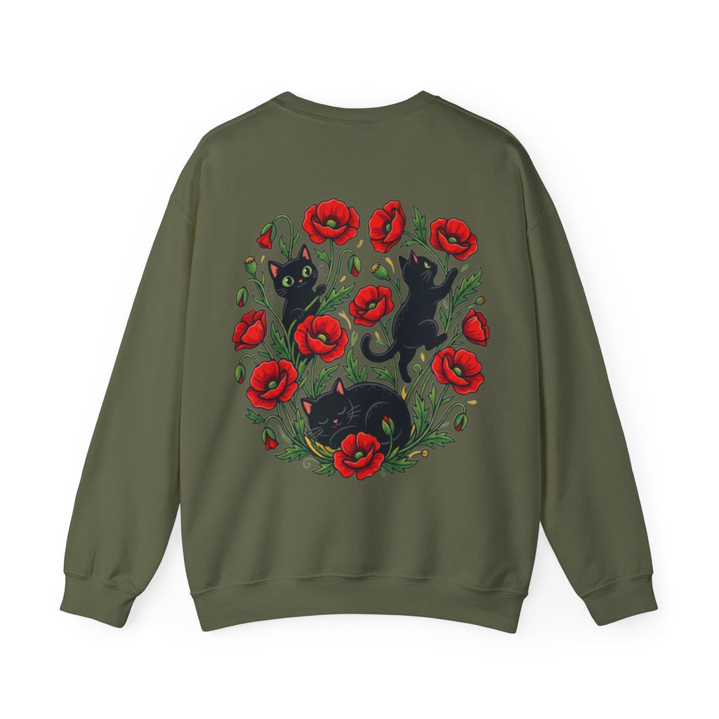 ORVIAN — Black Cat & Red Poppies Floral Crewneck, Elegant Nature Unisex Heavy Blend