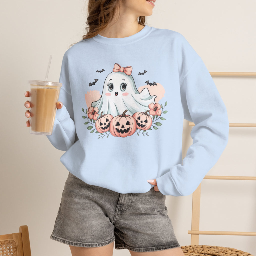 ORVIAN — Pink Halloween Coquette Ghost Crewneck, Bow & Pumpkin Unisex Heavy Blend