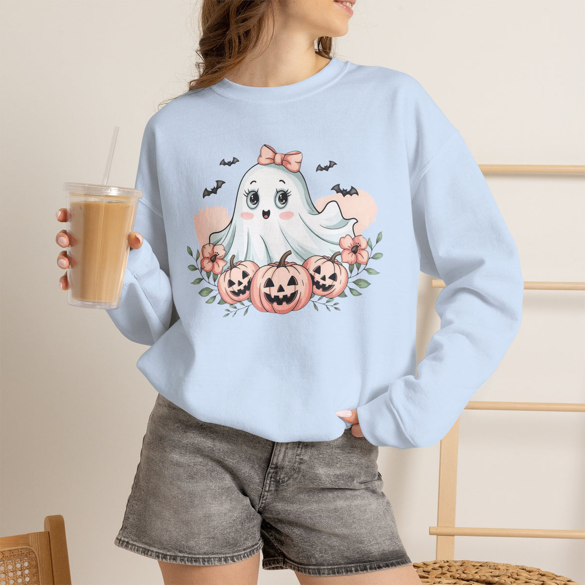 ORVIAN — Pink Halloween Coquette Ghost Crewneck, Bow & Pumpkin Unisex Heavy Blend