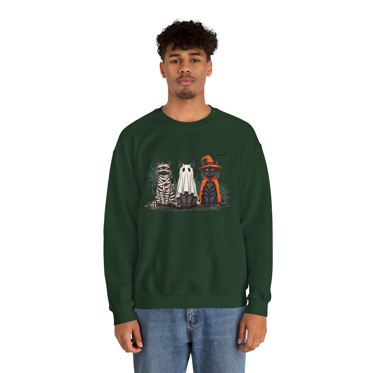 ORVIAN — Halloween Cats & Ghosts Crewneck, Spooky Cute Black Cat Unisex Sweatshirt