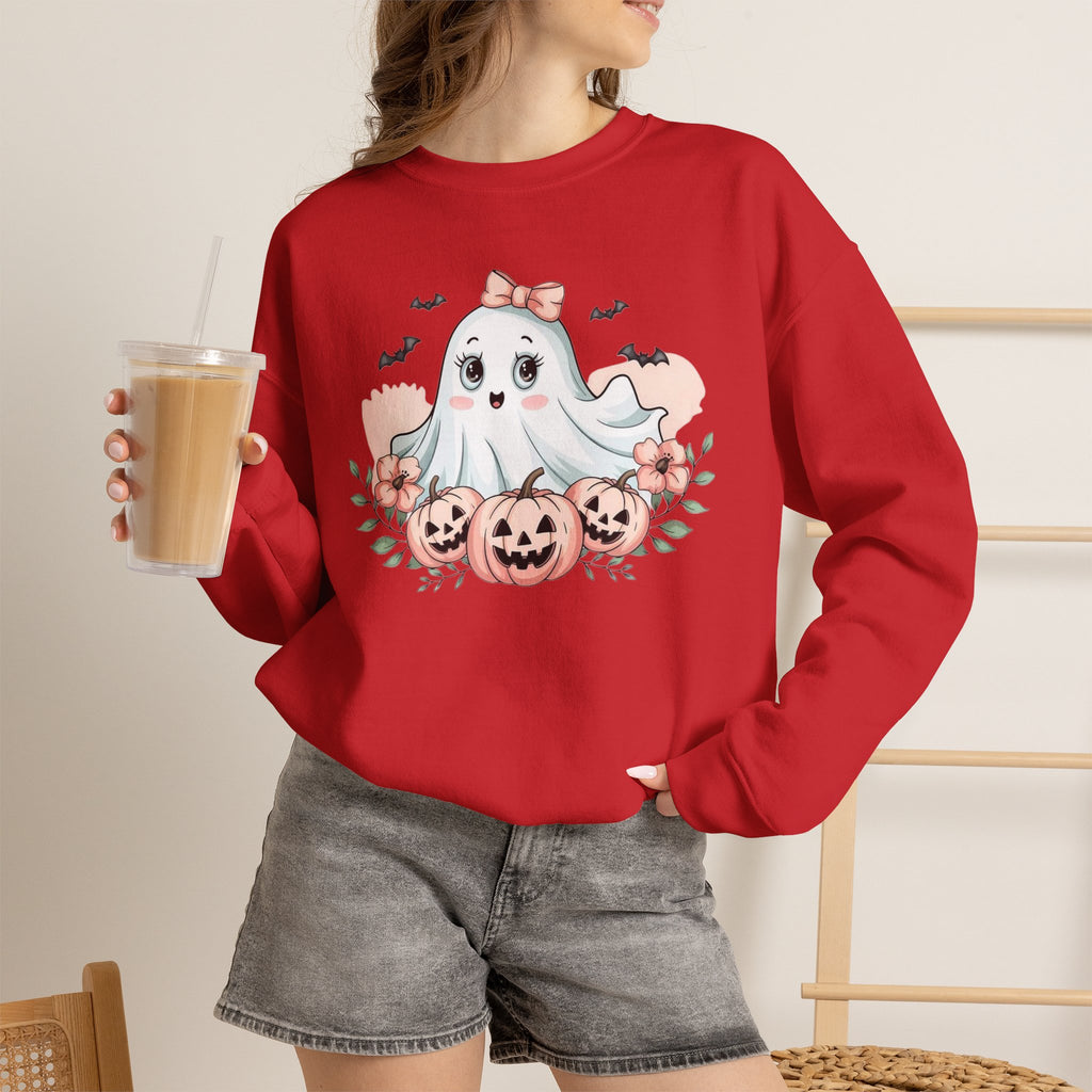 ORVIAN — Pink Halloween Coquette Ghost Crewneck, Bow & Pumpkin Unisex Heavy Blend