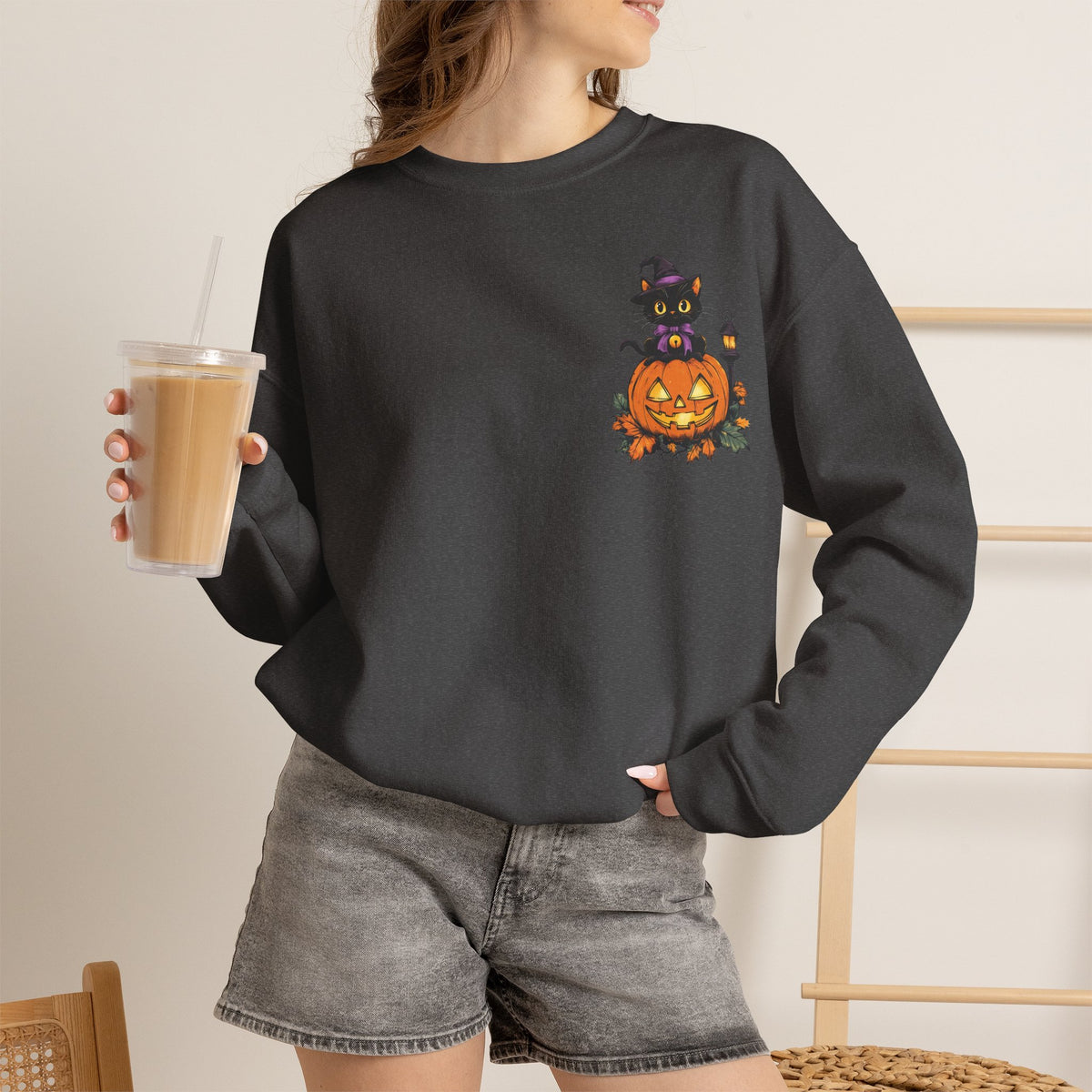 ORVIAN — Witch Cat Halloween Crewneck, Flying Black Cat & Pumpkin Patch Unisex Sweatshirt